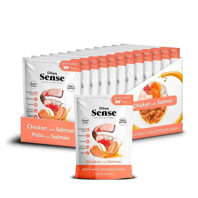 Dibaq Sense Comida Húmida para Gatos - Petiscos em Molho de Frango com Salmão, 12 x 100 g