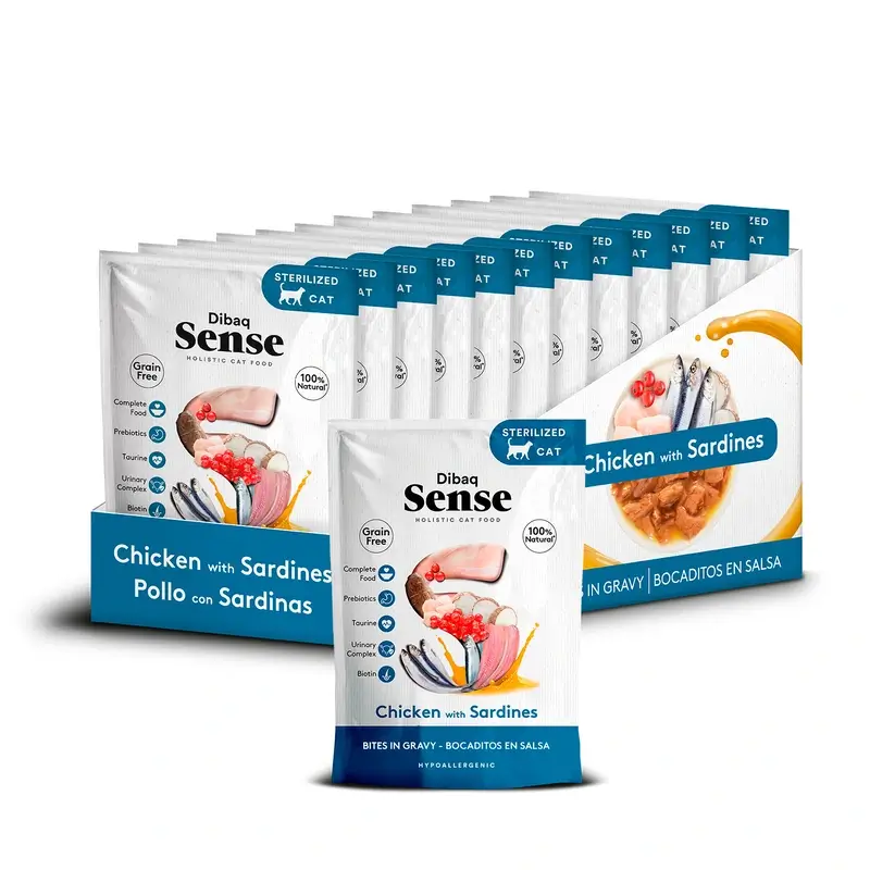 Dibaq Sense Comida Húmida para Gatos - Petiscos em Molho de Frango com Sardinhas, 12 x 100 g