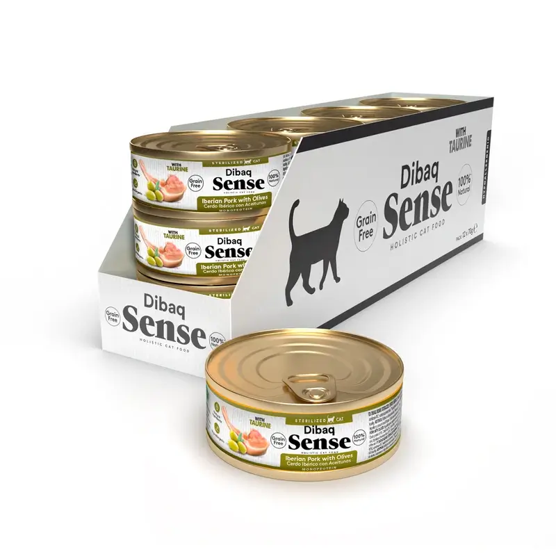 Dibaq Sense Comida Húmeda Gatos Esterilizado Cerdo Ibérico Con Aceitunas, 12 x 70 gr