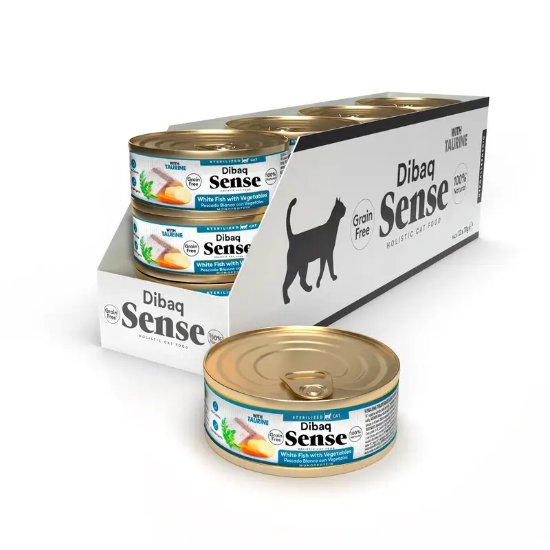 Dibaq Sense Comida Húmeda Gatos Esterilizado Pescado Blanco Con Vegetales, 12 x 70 gr