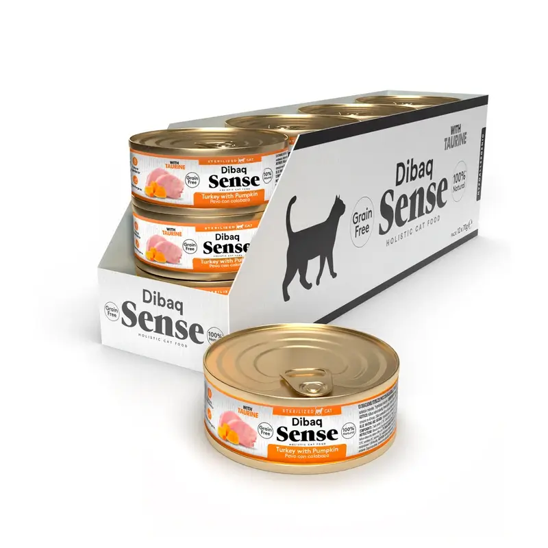 Dibaq Sense Comida Húmeda Gatos Esterilizado Pavo Con Calabaza, 12 x 70 gr