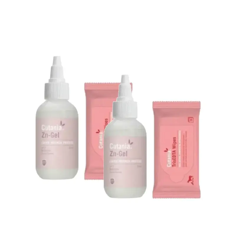 Vetnova Cutania Zn Clean & Protect: embalagem com gel de 30 ml + toalhetes TrisEDTA, embalagem de 2 unidades