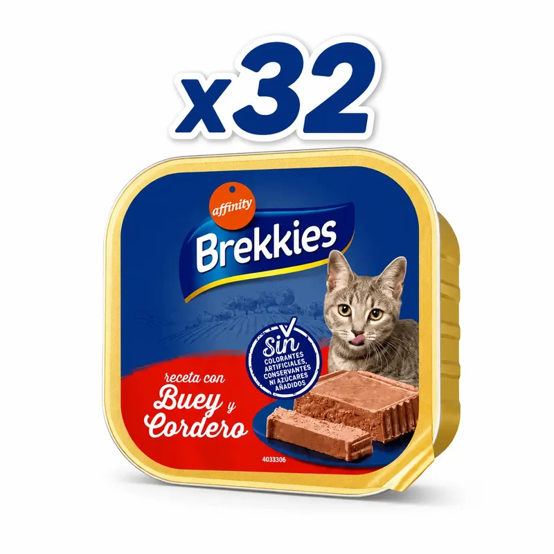 Brekkies - Embalagem de Gato, Vaca e Cordeiro, 100 g, embalagem de 32