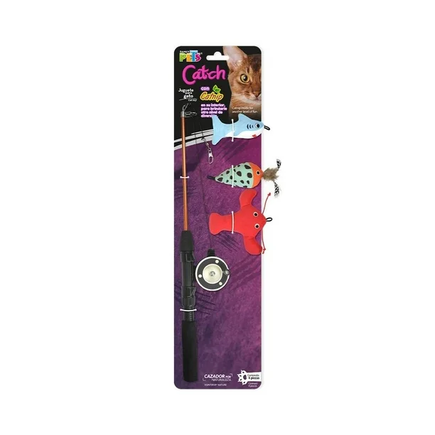 Fancy Pets Caña de Pescar para Gatos – 3 Peluches con Catnip