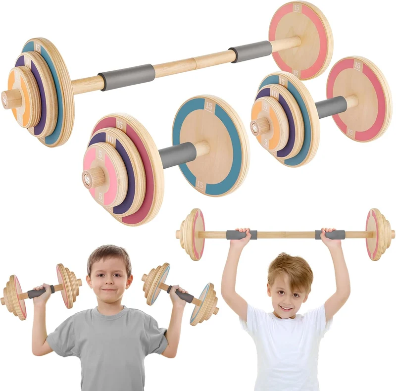 Kids Wooden Workout Play Weights Set - Adjustable Dumbbells and Barbell Set for Home Gym Equipment