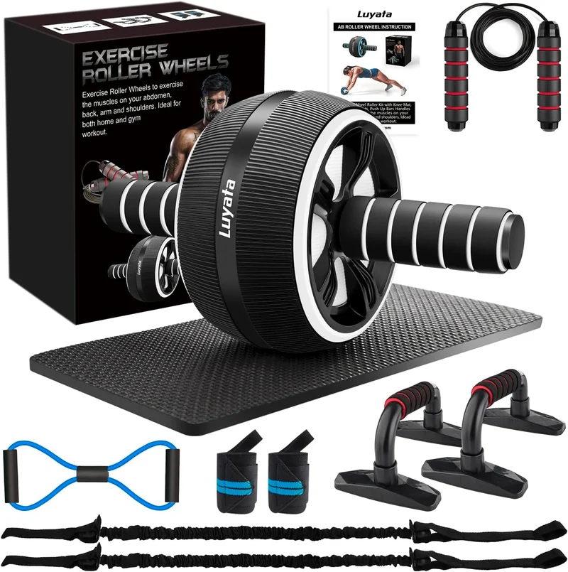 Ab Roller Wheel, 10-In-1 Ab Exercise Wheels Kit with Resistance Bands, Knee Mat, Jump Rope, Push-Up Bar