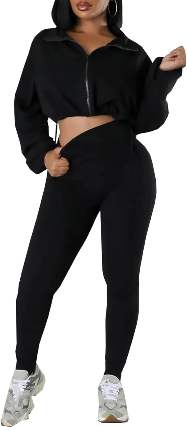Women Casual Zip Up Two Piece Outfits Athletic Matching Jacket Sweatshirt Skinny Pants Sweatsuit