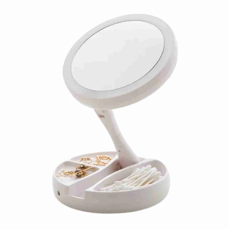 Espejo de maquillaje con luz LED Almalux® - espejo de tocador con rotación de 90° - plegable - con Base de almacenamiento con 3 compartimentos