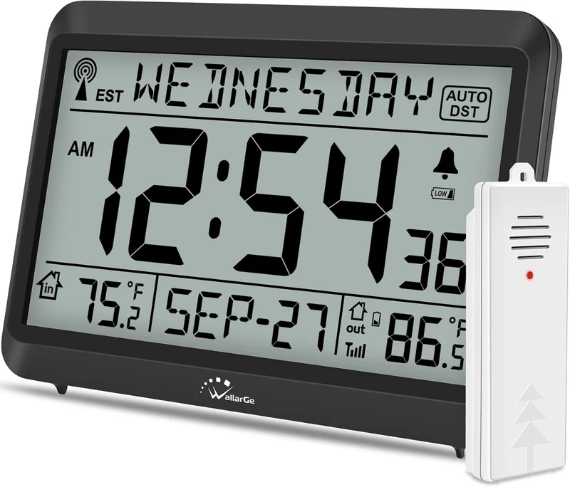 Atomic Clock With Indoor Outdoor Temperature, Self-setting Digital Wall