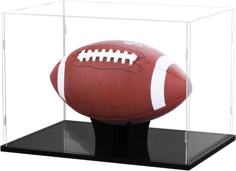Football Display Case Full Size Acrylic Clear Box with Stand UV Protected Memo