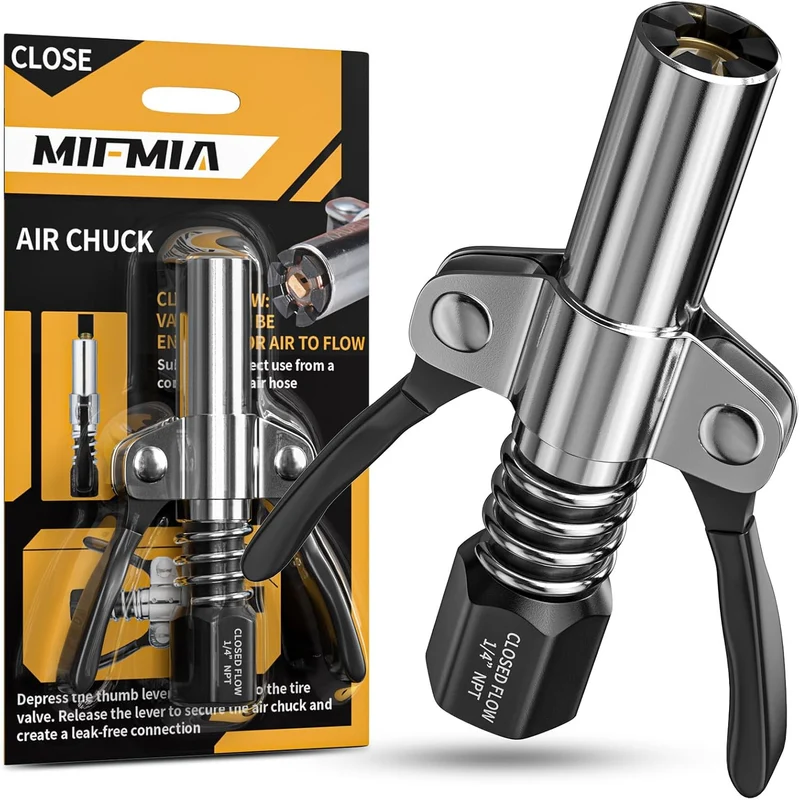 Locking Air Chuck, Heavy Duty Closed Flow w/ Six Steel Jaws,Locks onto Any Tires
