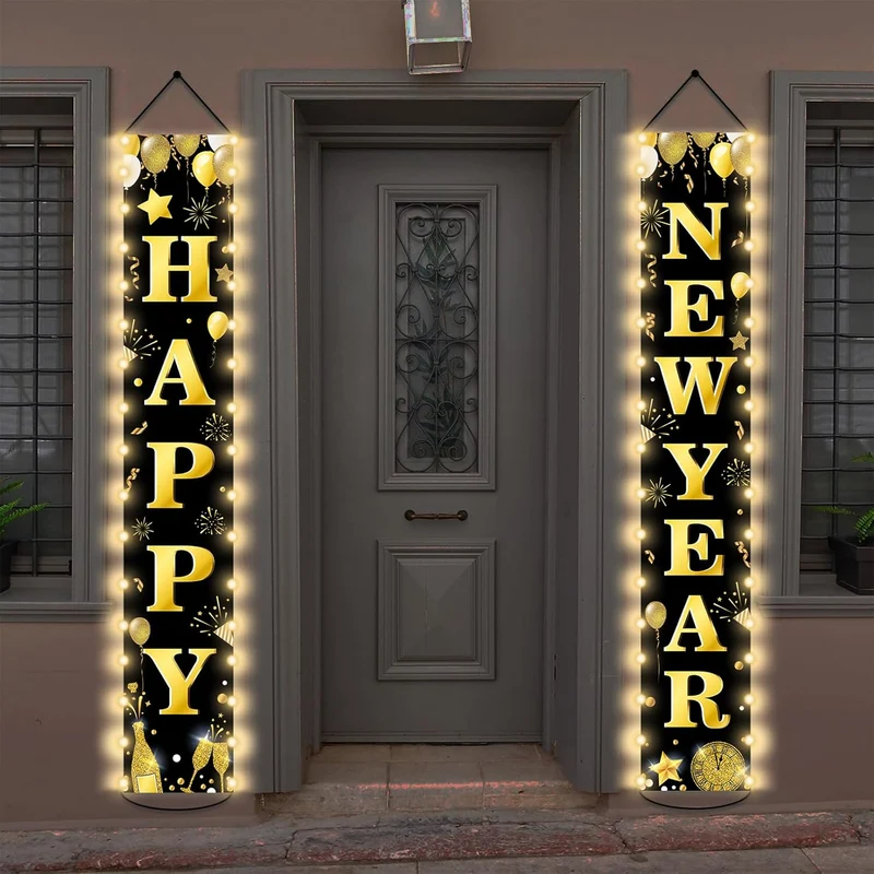 2025 LED New Year Door Banner - Lighted Black & Gold Porch Sign for Party Decor