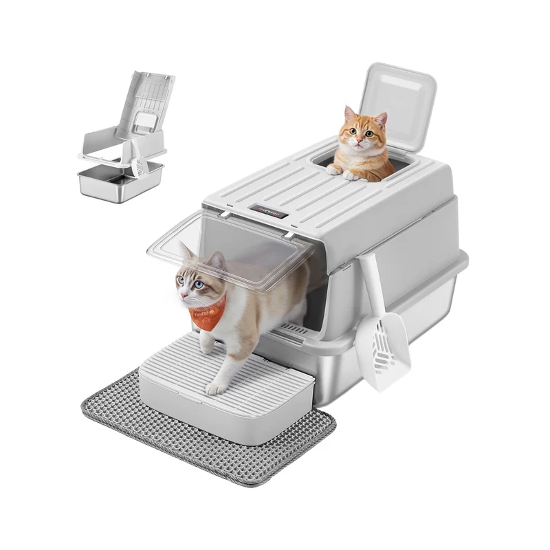 Arenero para gatos de acero inoxidable con tapa y pala