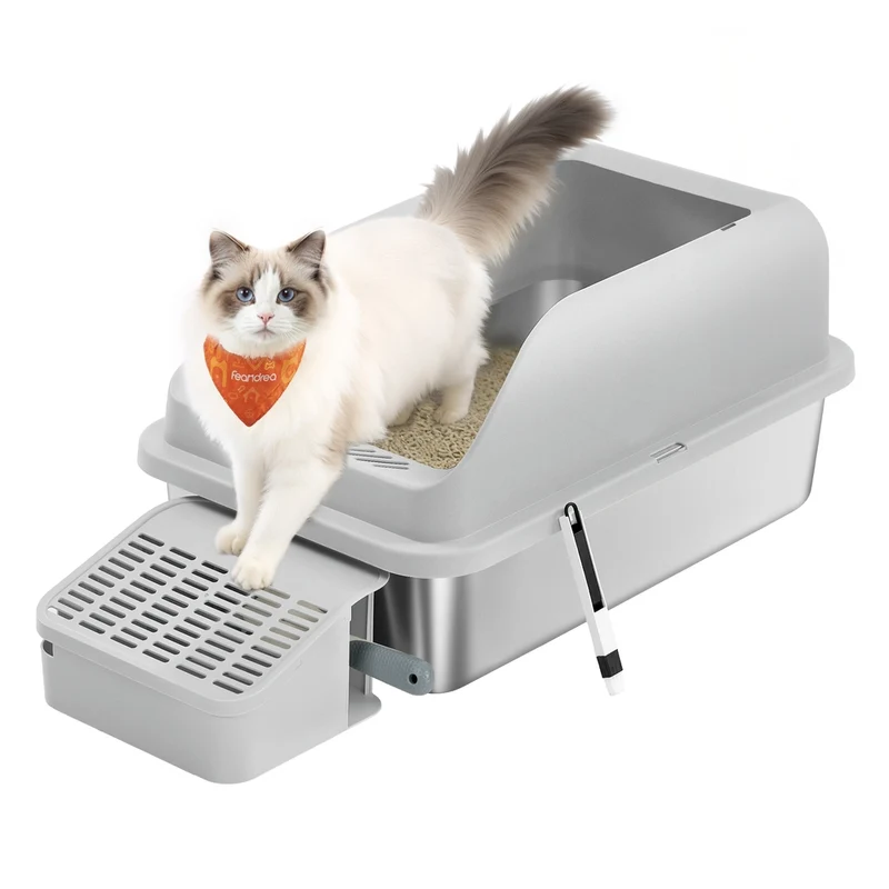 Lettiera per gatti in acciaio inox con ingresso superiore