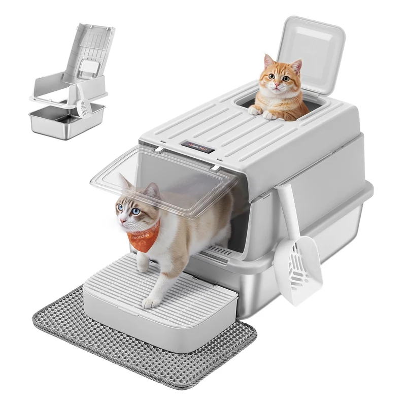 Lettiera per gatti in acciaio inox con accessori completi