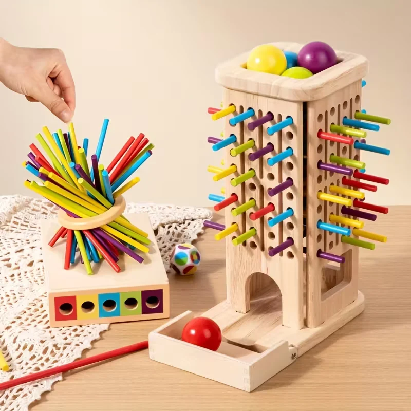 Juego de Logica Torre de Madera con Pelotas y Palitos