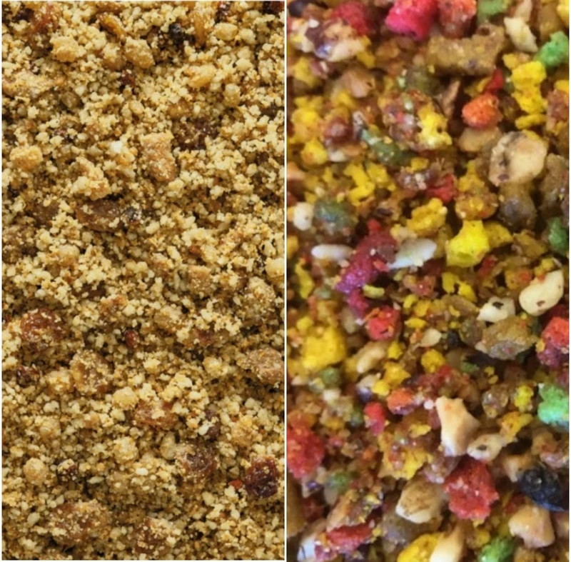 Nutribird Tropical Fruit Patee 1 kg + Bravo Fruit Mix Coarse 1 kg - envasado a mano