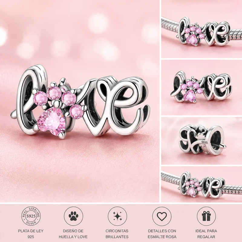 Charm de Plata de Ley 925 LOVE con Huella Rosa