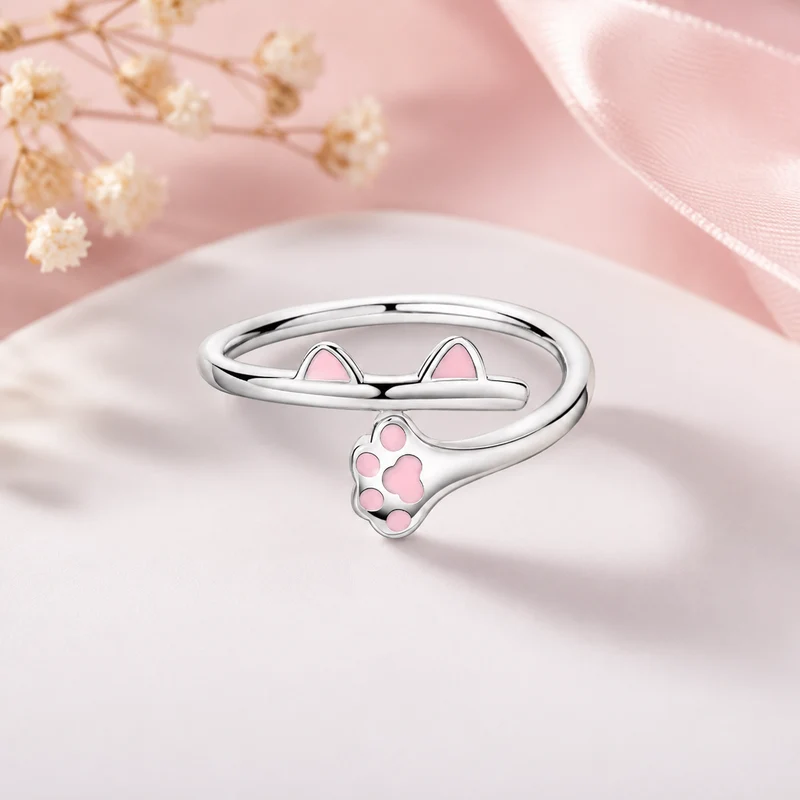 Anillo Plata de Ley Gatito y Huella Rosa