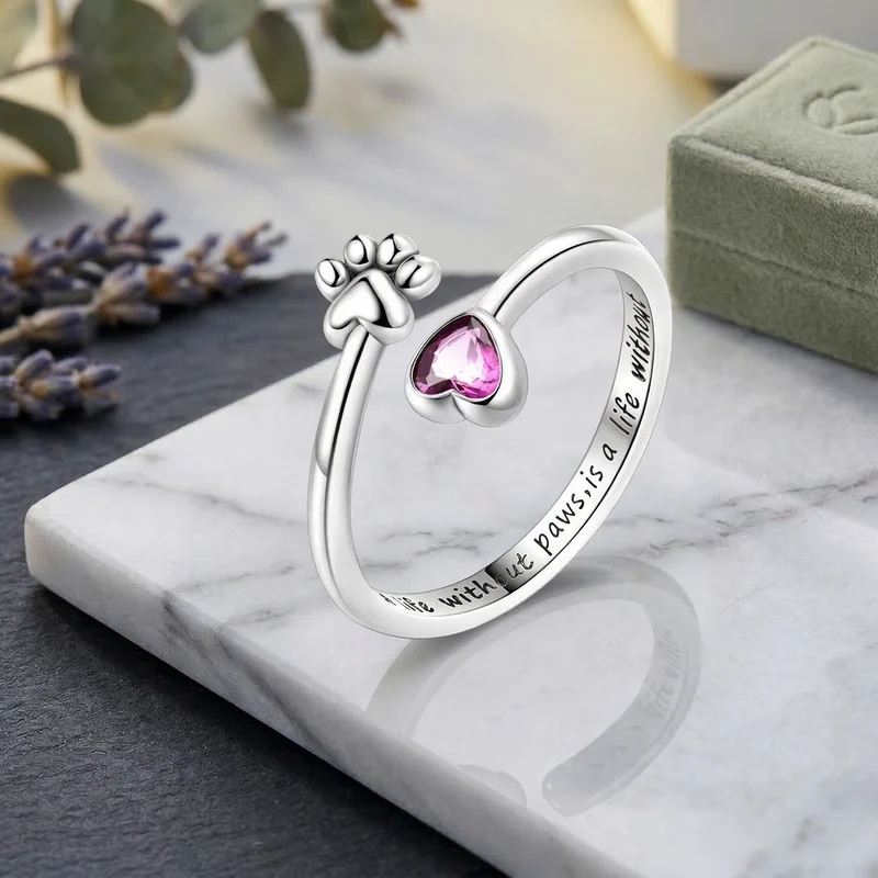 Anillo Plata de Ley Huella y Corazón Rosa
