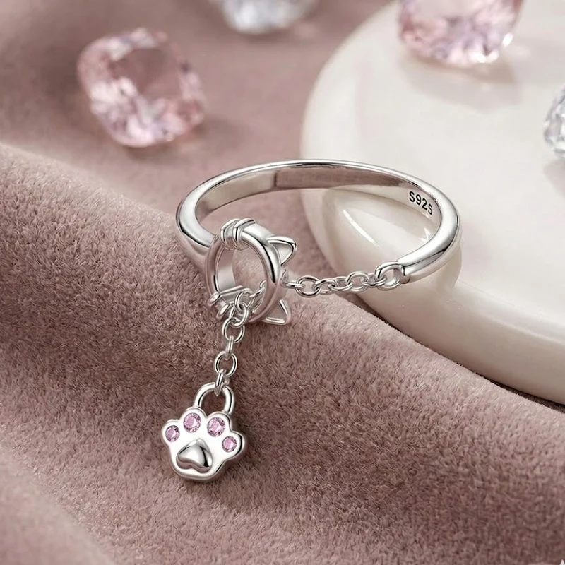 Anillo Plata de Ley Gatito y Huella Rosa