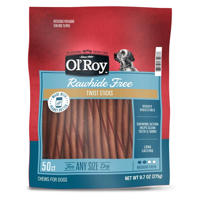 Ol' Roy Rawhide Free Chicken Peanut Butter Twist Sticks Chews for Dogs, 50 Count