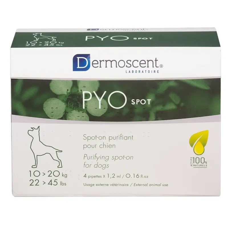 Dermoscent Pyospot para cães, 10 e 20 quilos, 4 pipetas, 4 unidades