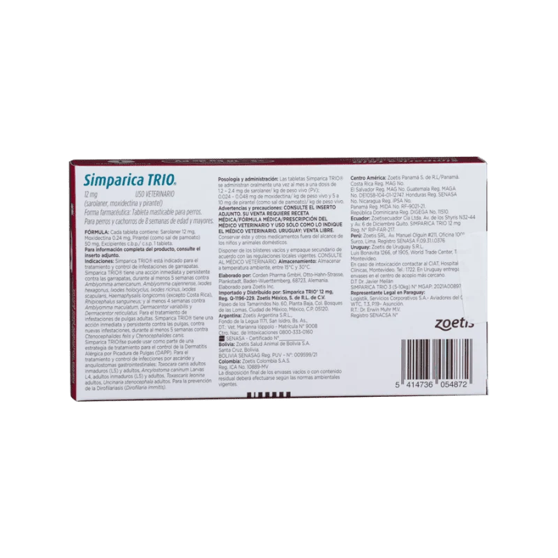 Antiparasitario Interno y Externo para perro Simparica Trio 5 Kg - 10 Kg 1 Tableta