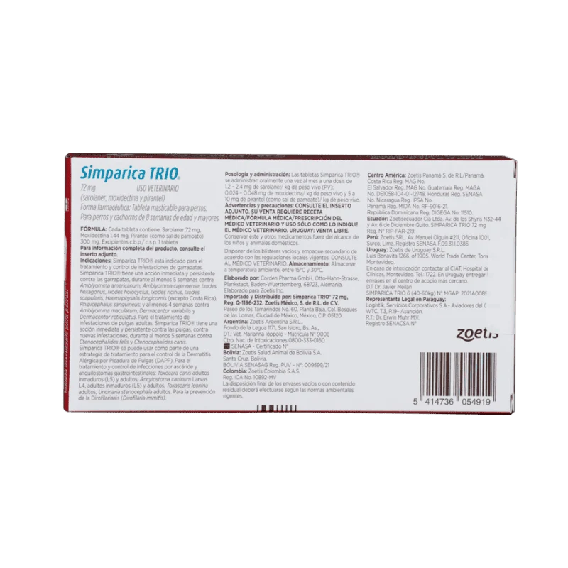 Antiparasitario Interno y Externo para perro Simparica Trio 40 Kg - 60 Kg 1 Tableta