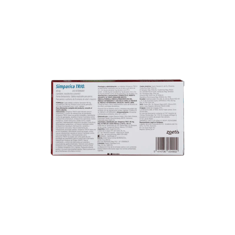 Antiparasitario Interno y Externo para perro Simparica Trio 20 Kg - 40 Kg 1 Tableta
