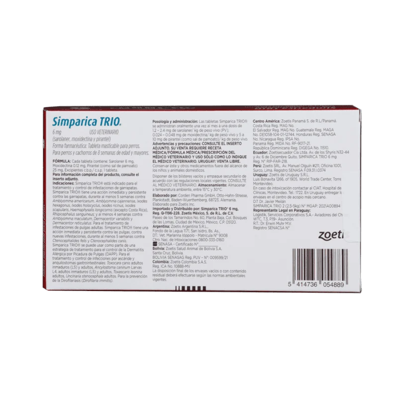 Antiparasitario Interno y Externo para perro Simparica Trio 2.5 Kg - 5 Kg 1 Tableta