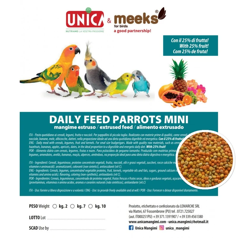 Alimento Diario Loros Mini (mezcla de frutas) 4kg - Unica & Meeks