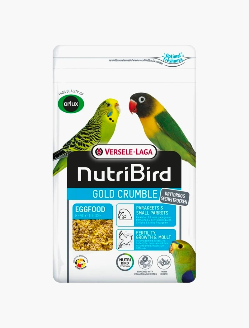 Nuevo alimento Nutribird Gold Crumble para periquitos y loros pequeños, 1 kg (con cremallera).