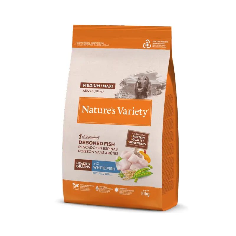 Nature'S Variety Ração para Cães, Medium, com Peixe Branco, Natural, 10 kg