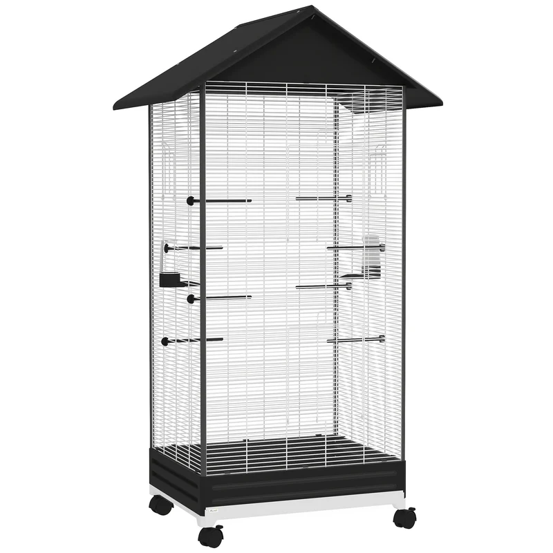 Pawhut Jaula Para Pájaros Con Ruedas Bandeja Extraíble 79x65x155 Cm Negro