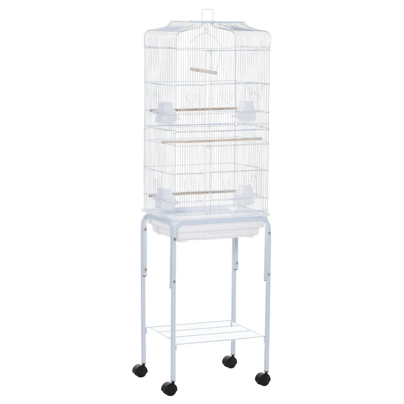 Pawhut Jaula Para Pájaros Con Soporte 4 Ruedas Y Comederos 46,5x36x157 Cm Blanco