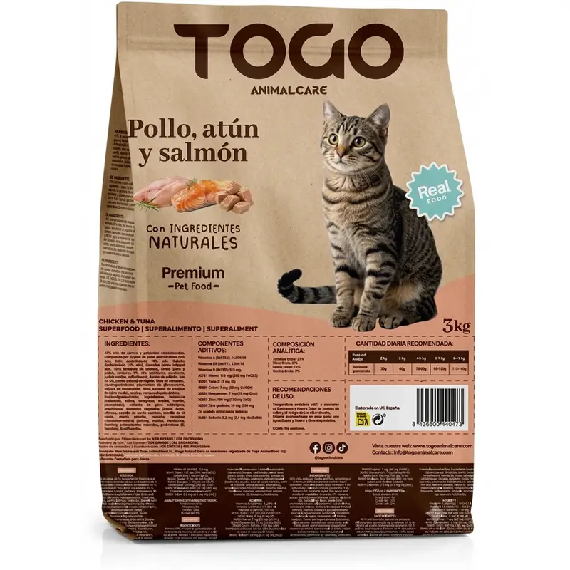 TOGO Ração esterilizada para gatos, com atum, salmão e frango, com probióticos, 3 kg