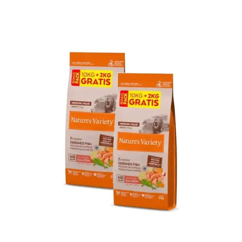 Nature'S Variety No Grain Medium/Maxi Ração para Cães com Salmão, Embalagem de 2 x 10+2 kg