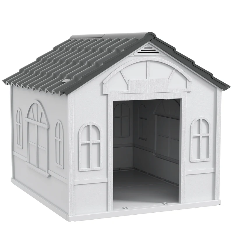 Pawhut Caseta Para Perros Exterior Con Techo De Tejas De Imitación Gris Y Blanco
