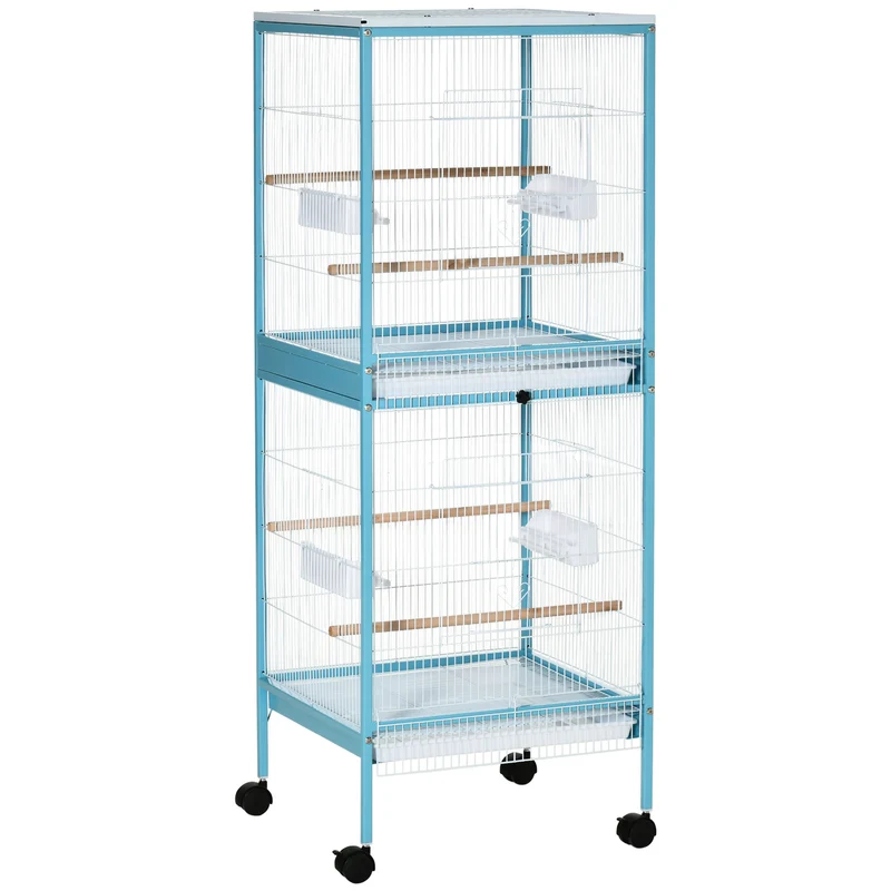 Pawhut Jaula Para Pájaros De 2 Niveles Con Ruedas Bandejas Extraíbles Azul