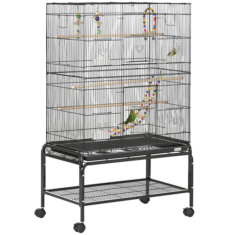 Pawhut Jaula Para Pájaros Con Ruedas 79x49x133 Cm Pajarera Metálico Negro
