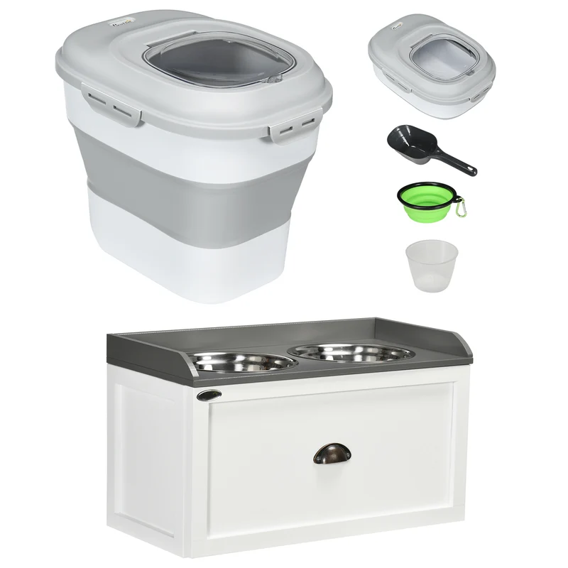 Pawhut Conjunto 1 Comedero Elevado Para Perros Y 1 Contenedor De Comida Blanco
