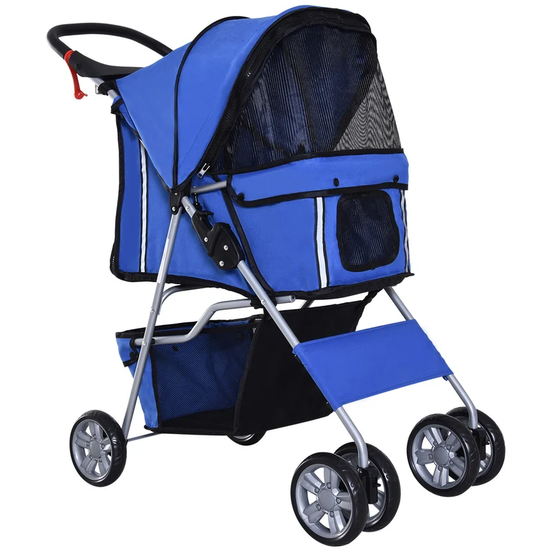 Pawhut Carrito Para Perros Plegable Con Toldo Ajustable 75x45x97 Cm Azul