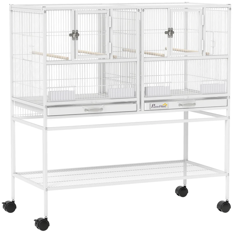 Pawhut Jaula Para Pájaros Con Ruedas Comederos Estante 95x45,5x102 Cm Blanco