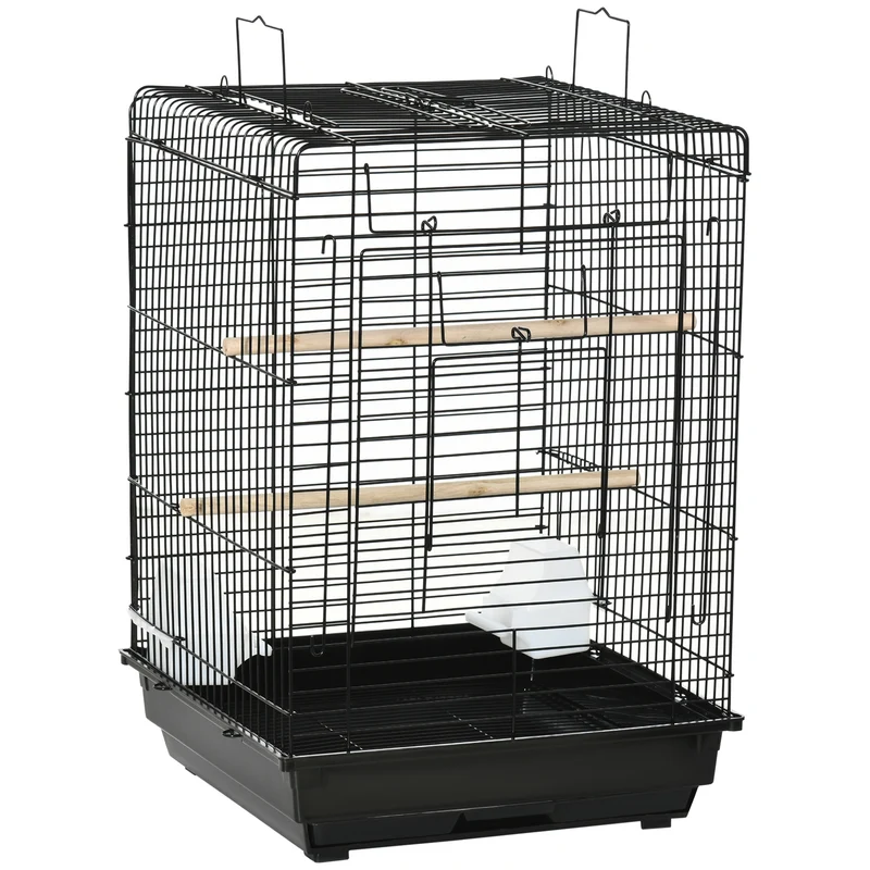 Pawhut Jaula Para Pájaros Techo Abatible 2 Perchas 2 Comederos 40x40x59 Cm Negro