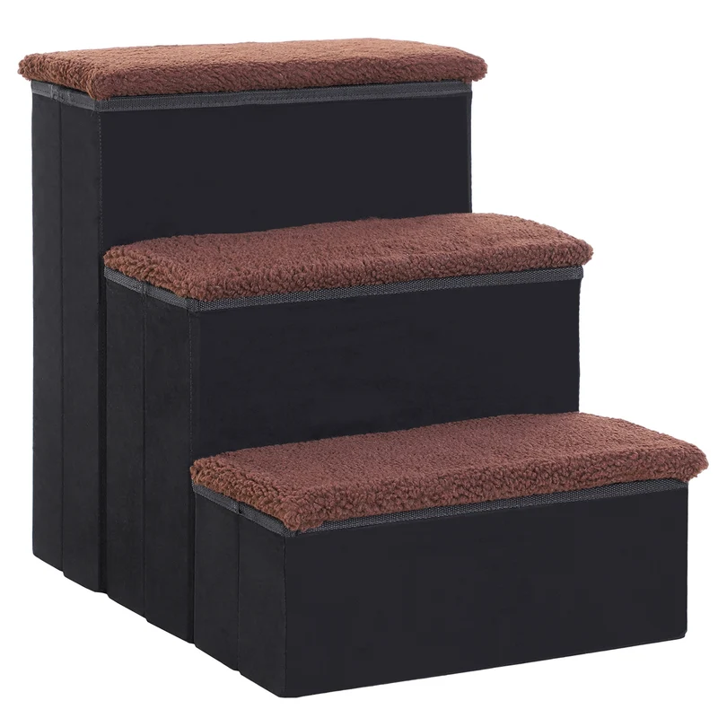 Escalera Para Mascotas 3 Peldaños Plegable Con Tapas Abatibles 40x54x48cm Negro