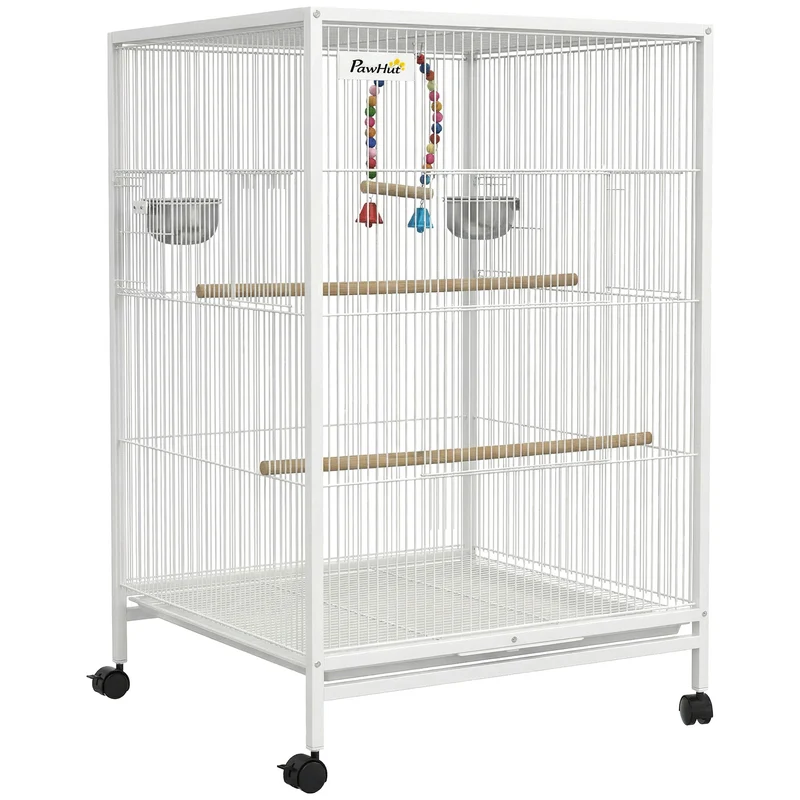 Pawhut Jaula Para Pájaros Con Ruedas Comederos Perchas 48x46x78 Cm Blanco