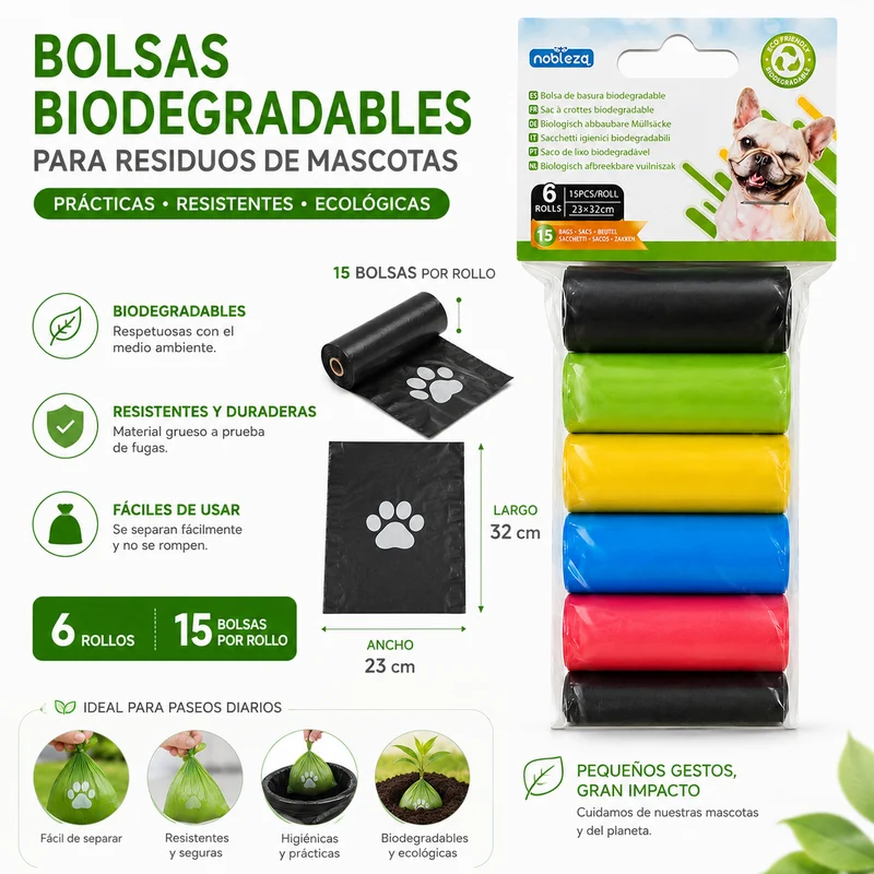 Bolsas Biodegradables para Excrementos de Perro – 6 Rollos (90 bolsas)