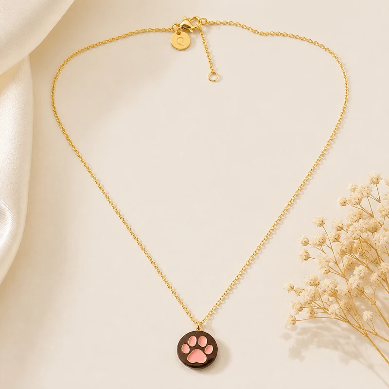 Collar de Acero Inoxidable Huella Gatuna Color Salmón Dorado