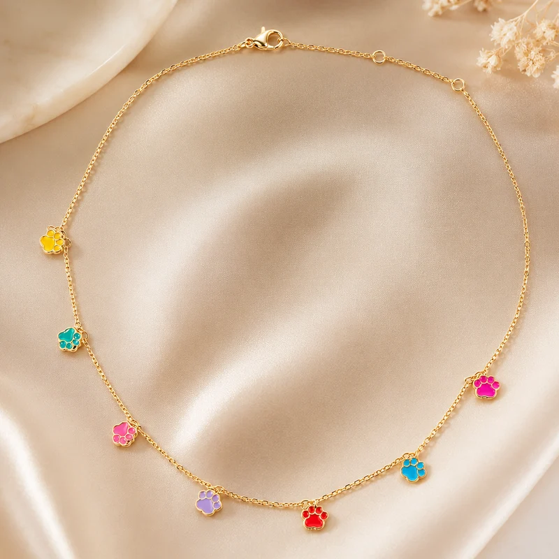 Collar de Acero Inoxidable Huellitas de Colores Dorado